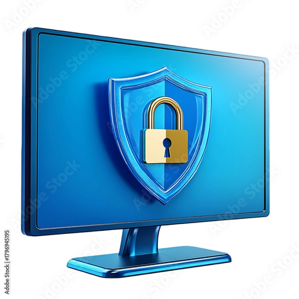 Fototapeta Padlock with shield flat icon on desktop modern computer  isolated on transparent background