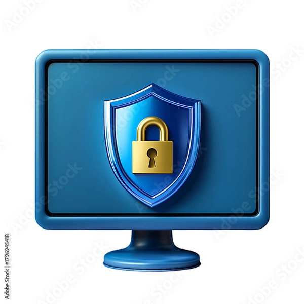 Fototapeta Padlock with shield flat icon on desktop modern computer  white background