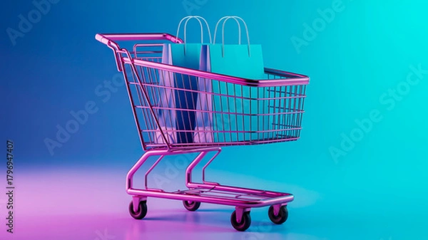 Fototapeta Metallic Pink Shopping Cart Filled with Teal Shopping Bags on a Gradient Background trolley