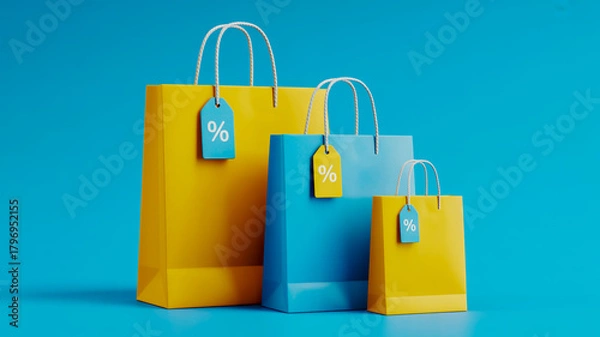 Obraz Three Shopping Bags in Varying Sizes with Percentage Tags on a Blue Background retail sale