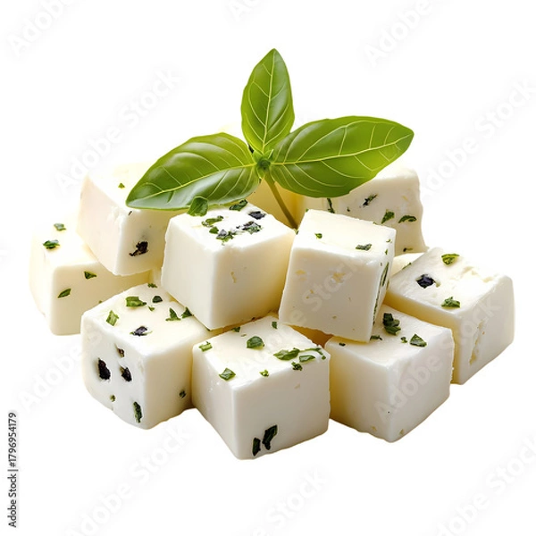 Fototapeta Fresh Feta Cheese Cubes isolated on transparent background