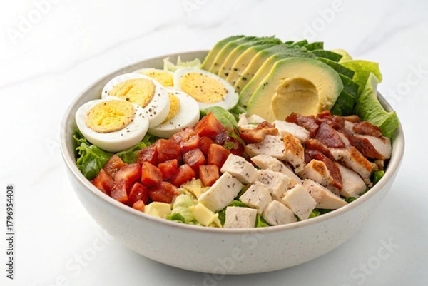 Obraz Assorted cobb salad with boiled eggs, avocado, chicken, and vegetables in a bowl, top view