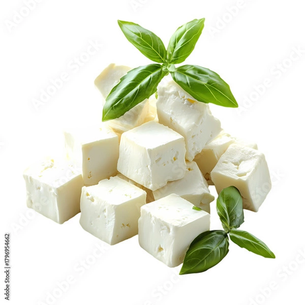 Fototapeta Fresh Feta Cheese Cubes isolated on transparent background