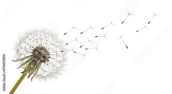 Fototapeta Dandelion with seeds blowing in the wind, representing freedom, fragility, and the beauty of natures cycle