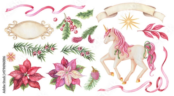 Fototapeta Magic Christmas set of unicorn with poinsettia and festive plants. Hand drawn in watercolor with sparkling pencil texture. Pink and green whimsical art. Perfect for greeting card and seasonal design.