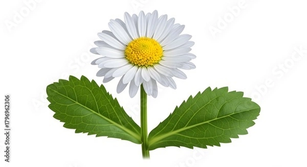 Fototapeta Delicate daisy, showcasing its pristine white petals, vibrant yellow center, and fresh green leaves in a simple composition