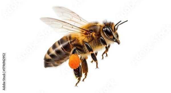 Fototapeta Honey bee in flight, carrying pollen on its legs, showcasing the beauty and importance of pollination process