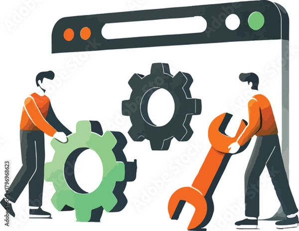 Fototapeta Two people working on gears and wrench near browser window