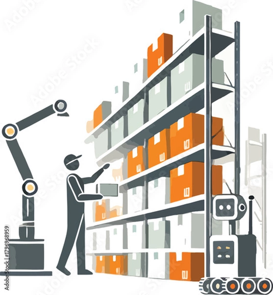 Fototapeta Warehouse automation with robot arm and worker robotic arm