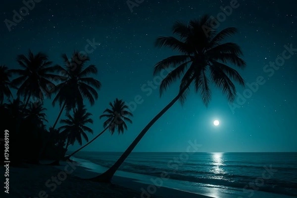 Obraz Tropical palm tree silhouette on a beach at sunset, a perfect summer vacation paradise