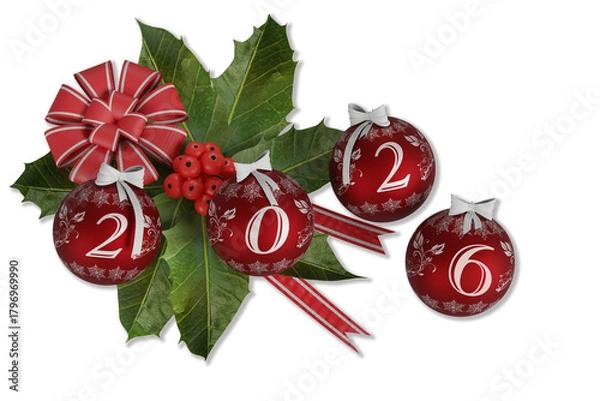 Fototapeta PNG. Trasparente. Illustrazione 3D. Anno nuovo 2026. Capodanno 2026 in numeri e con decorazione natalizia.