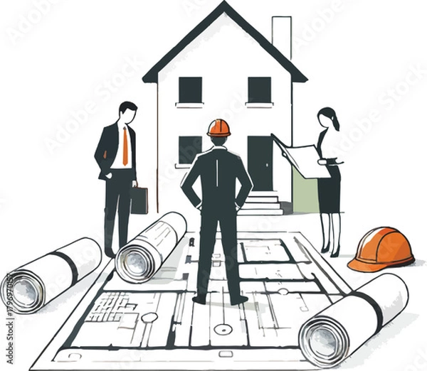 Fototapeta Architects reviewing house plans with blueprints and hard hats