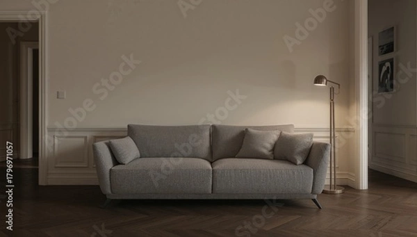 Obraz Contemporary living area showcasing a gray couch and a floor lamp, designed for relaxation and comfort