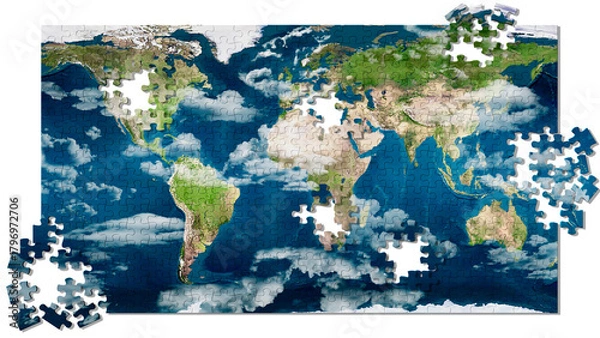 Obraz Png; Trasparente. Illustrazione 3D. Elementi del Puzzle compongono la mappa del mondo. La cartina geografica piana del nostro pianeta si forma progressivamente fino al completamento..