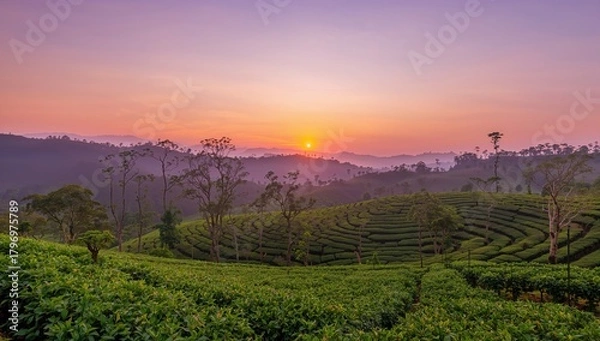 Obraz Tea plantation surrounded by trees at sunset, showcasing natural beauty and tranquility