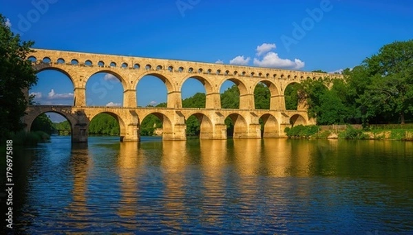 Obraz Pont du Gard, an ancient Roman aqueduct made of stone, showcasing architectural significance, preservation