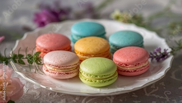 Fototapeta Colorful French Macaroon Pastries, a delightful treat offering a refined sugar load