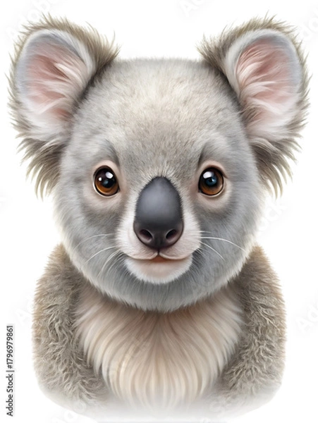 Fototapeta A cute, fluffy koala bear cub with big ears and expressive eyes, isolated on a transparent background, perfect for childrens books and australian wildlife themes