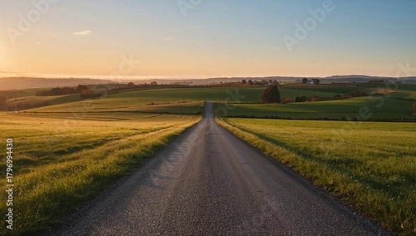 Obraz A winding rural path traverses the hills during sunset, highlighting seasonal change
