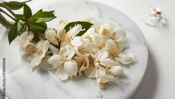 Fototapeta Osmanthus flowers on a white marble plate, showcasing fresh ingredients for a fiber-dense choice
