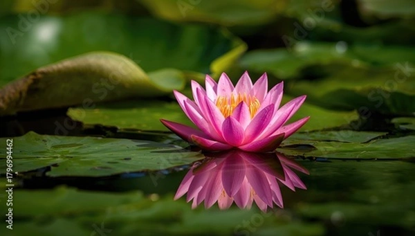 Fototapeta Pink waterlily floating on water surface, symbol of tranquility