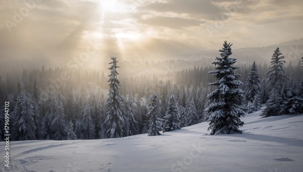 Obraz Warm sunlight filtering through during winter, seasonal change