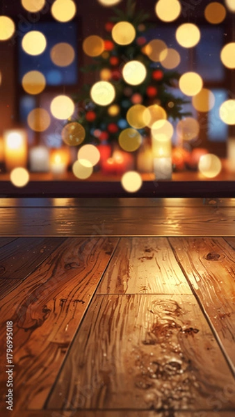 Obraz Christmass wooden table, empty wooden table in front of winter background. copy space for text.