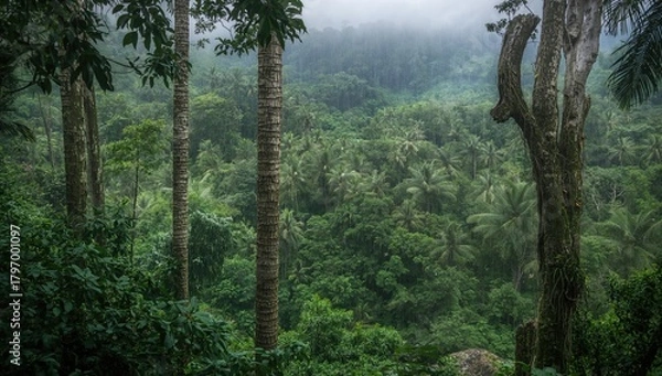 Obraz Tropical rainforest featuring dense foliage and towering trees, preserving biodiversity