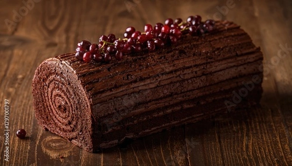 Obraz Chocolate yule log cake adorned with red currant on a rustic wooden surface, seasonal celebration