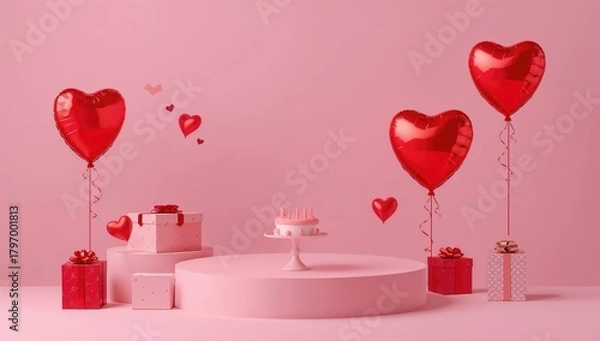 Obraz Podium for showcasing products, circular display stage with gift boxes and heart-shaped balloons, suitable for birthday and Valentine's Day celebrations