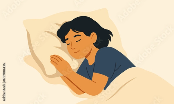 Obraz Person peacefully sleeping on soft pillow and blanket. Calm night illustration symbolizing rest, comfort and healthy lifestyle.