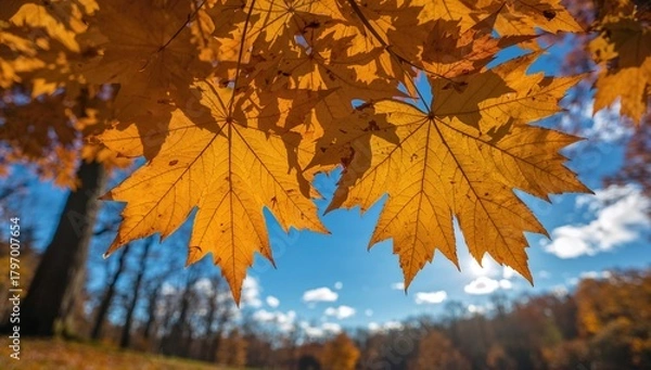 Obraz Golden autumn maple leaves contrasting with a blue sky, showcasing seasonal change