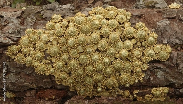 Fototapeta Patterns created by lichens on a tree branch, showcasing organic textures and natural growth