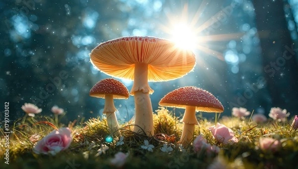 Obraz Mushrooms glowing in sunlight, enchanting forest scene with pink roses, whimsical nature setting