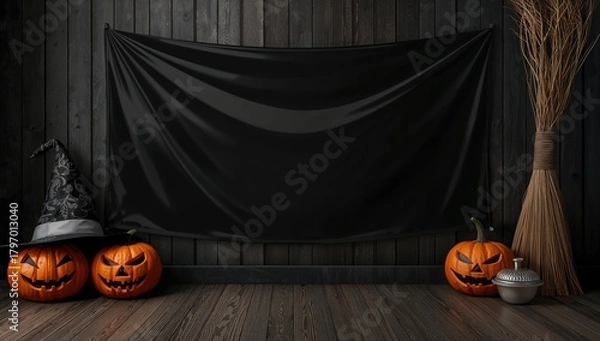 Obraz The witch's mystical chamber featuring a broom, pumpkins, and a hat, ideal for Halloween decor