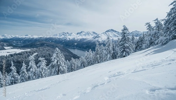 Fototapeta Aerial view of a snowy ski trail bordered by snow-laden pine trees and distant towering mountains, winter sports experience