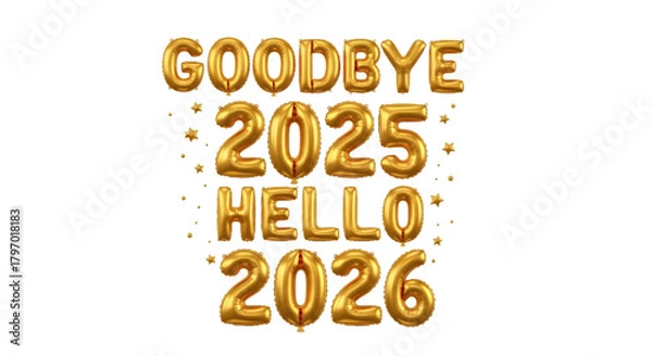 Fototapeta Golden balloons saying goodbye 2025 hello 2026 isolated on transparent background
