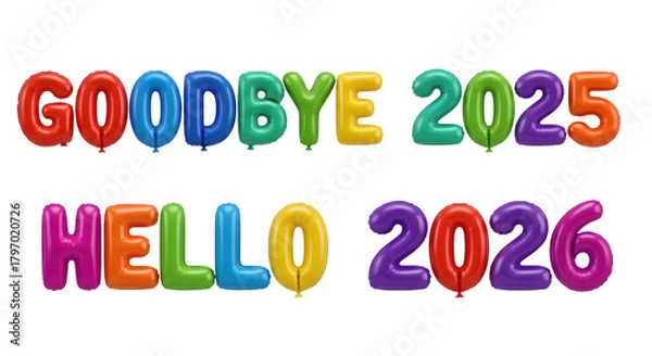 Fototapeta Goodbye 2025 hello 2026 colorful balloons isolated on transparent background