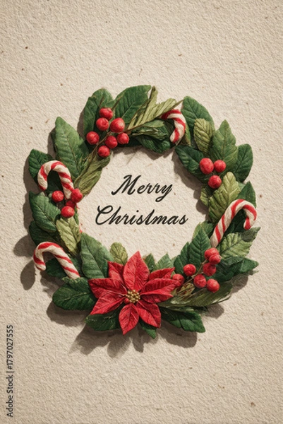 Fototapeta Merry Christmas typography with holiday greenery and candy canes on beige paper