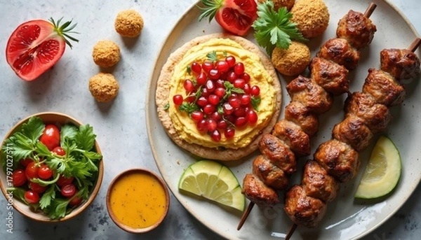 Fototapeta Grilled meat skewers and hummus with pomegranate seeds on flatbread. Small falafel balls, cherry tomato salad and dip served on plate. Fresh lime slices and half pomegranate garnish.