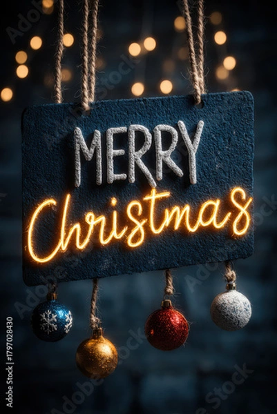 Fototapeta Merry Christmas lettering with ornaments and twinkling lights on midnight blue
