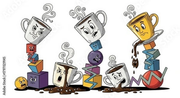 Fototapeta A whimsical and vibrant cartoon illustration depicting four distressed coffee mugs,