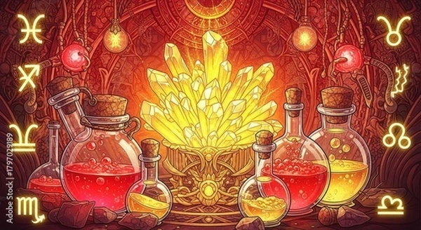 Fototapeta A vibrant and detailed illustration depicting a mystical alchemist's sanctuary, rich with esoteric 