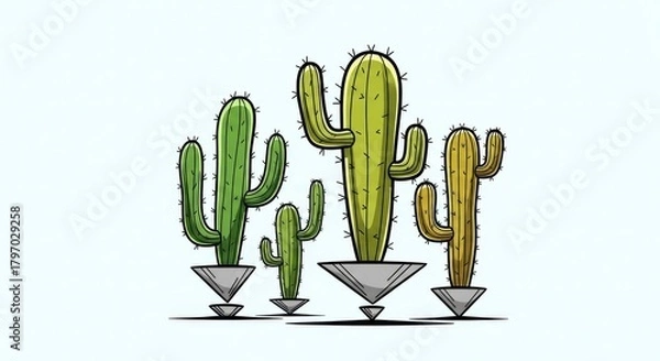 Fototapeta A vibrant and cheerful cartoon illustration features a trio of stylized cactuses, each 