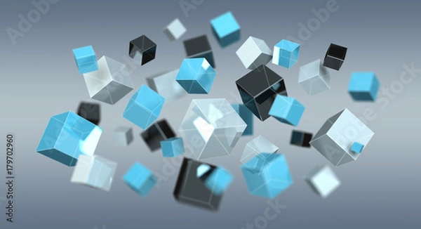 Fototapeta Floating blue shiny cube network 3D rendering