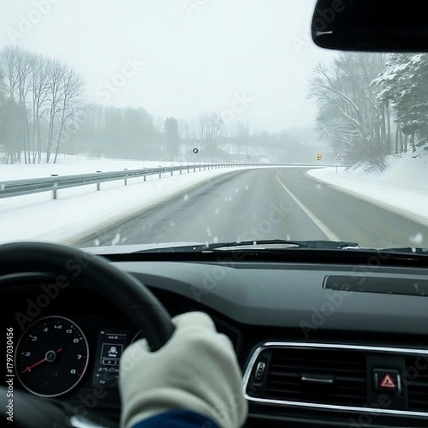 Obraz Driving on a snowy winter road through a foggy landscape from inside a car
