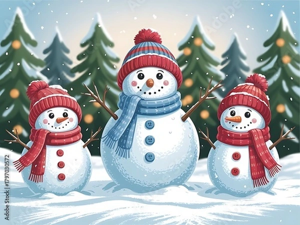 Obraz Cheerful snowmen family with colorful hats and scarves in winter wonderland