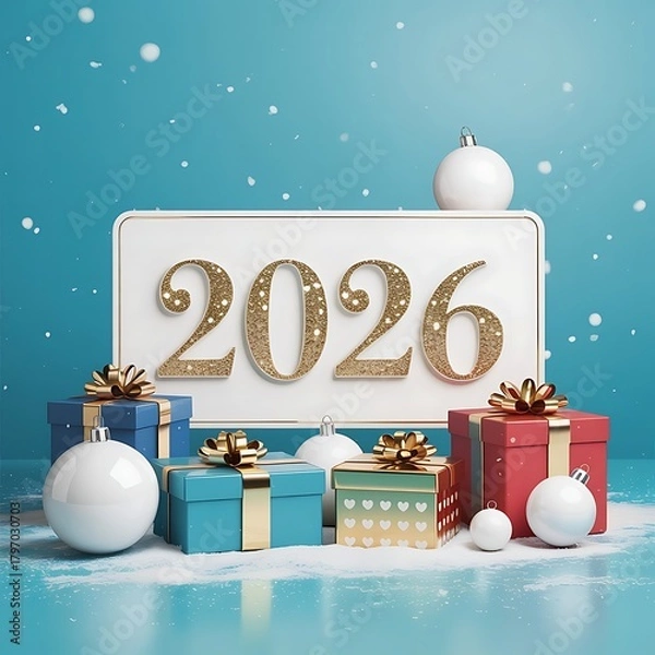 Obraz Festive 2026 glitter numbers with gift boxes and ornaments on snowy blue