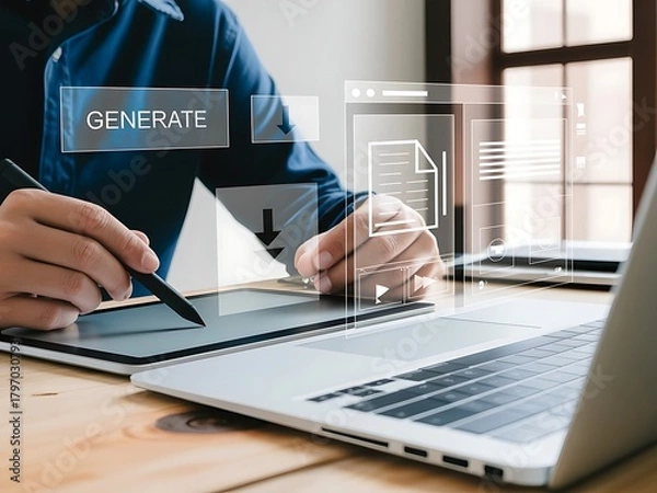 Obraz Professional generating digital content with ai tools on a graphic tablet