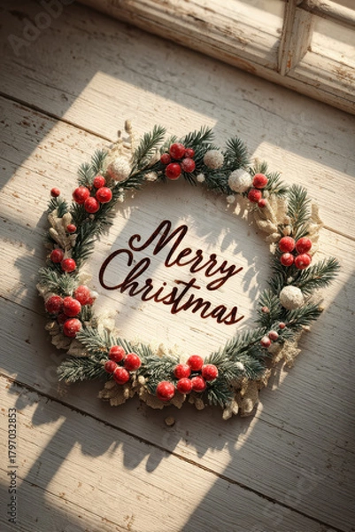 Obraz Merry Christmas message with wreath on rustic light wood